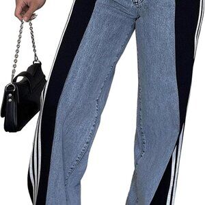 Womens Jeans with Patchwork Stripes High Waisted Stretchy Denim Color Block Stra